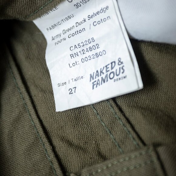 Naked & Famous Army Green Duck Canvas Selvedge Classic Fit 27 - Picture 4 of 10